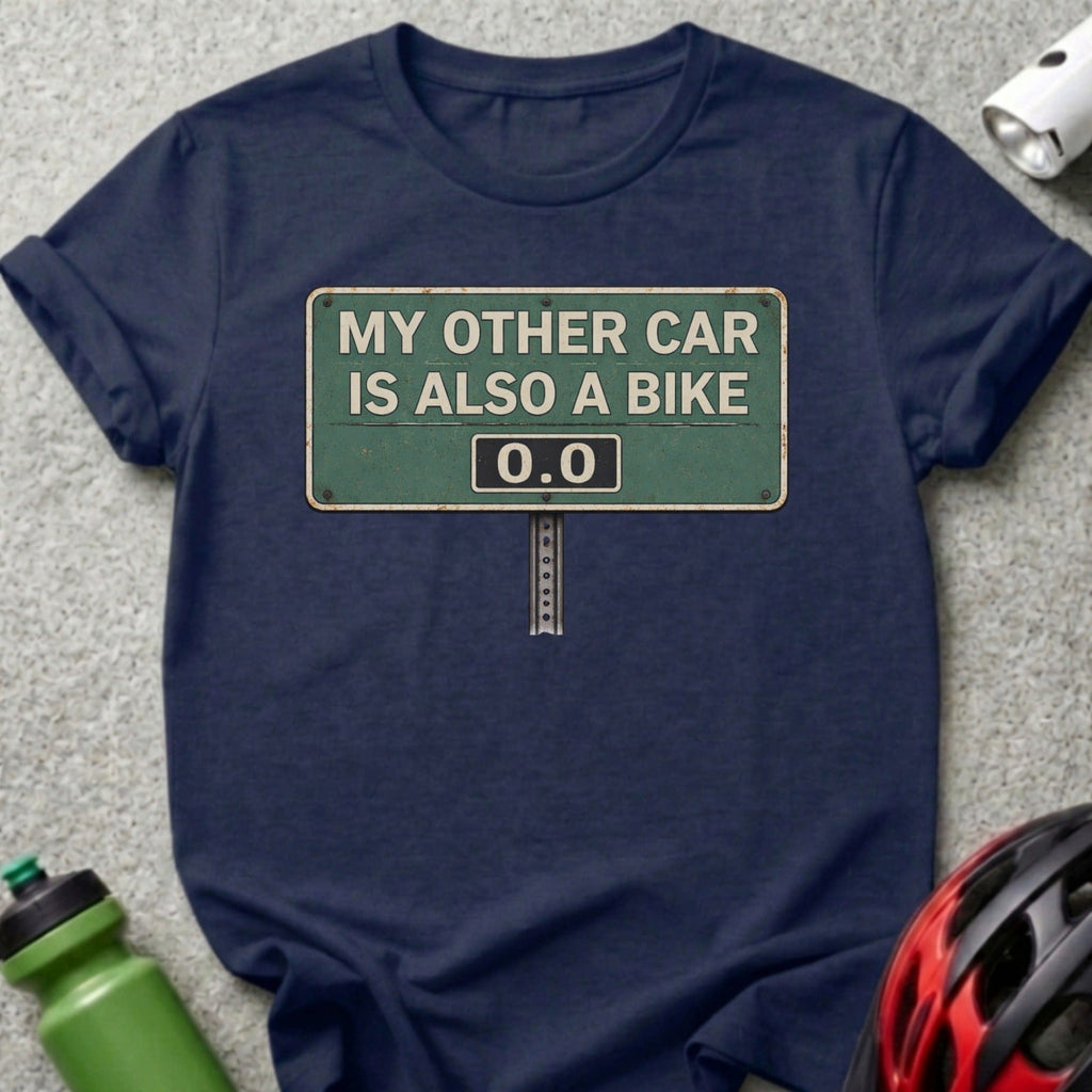 Navy t-shirt with "MY OTHER CAR IS ALSO A BIKE 0.0" sign graphic.