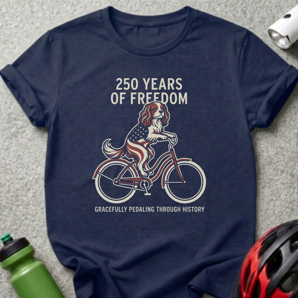 Navy t-shirt with a dog on a bicycle, wearing an American flag cape, and text.