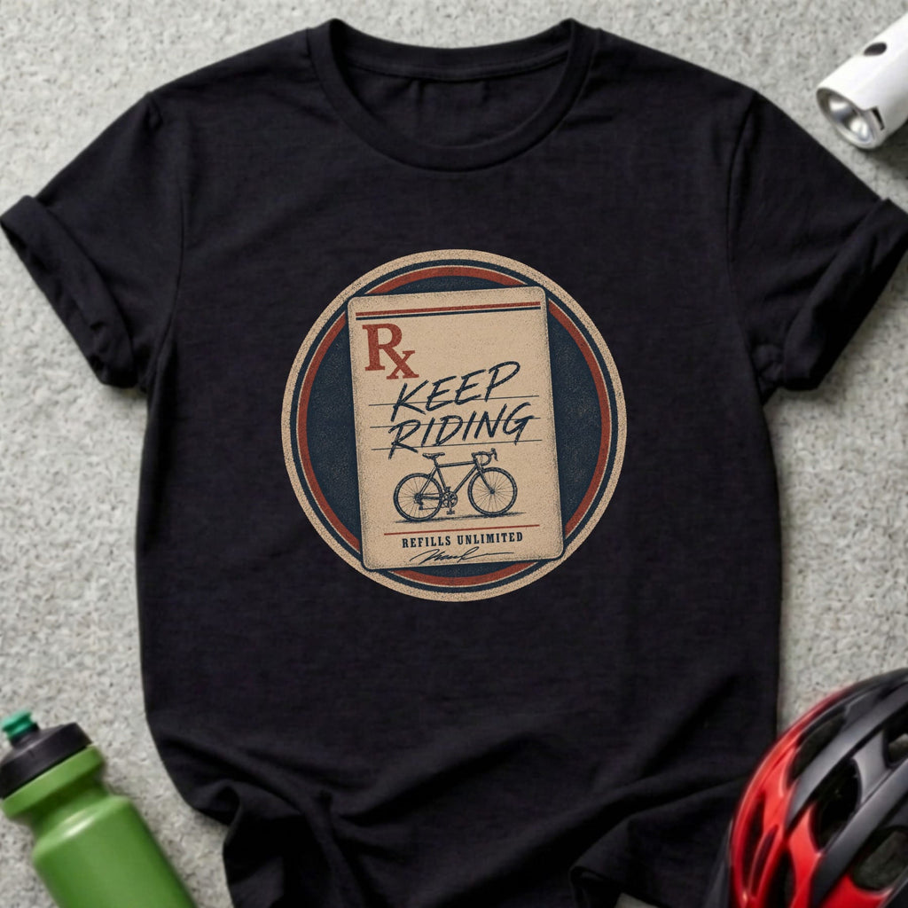 Black t-shirt with "Keep Riding" prescription design and bicycle graphic.