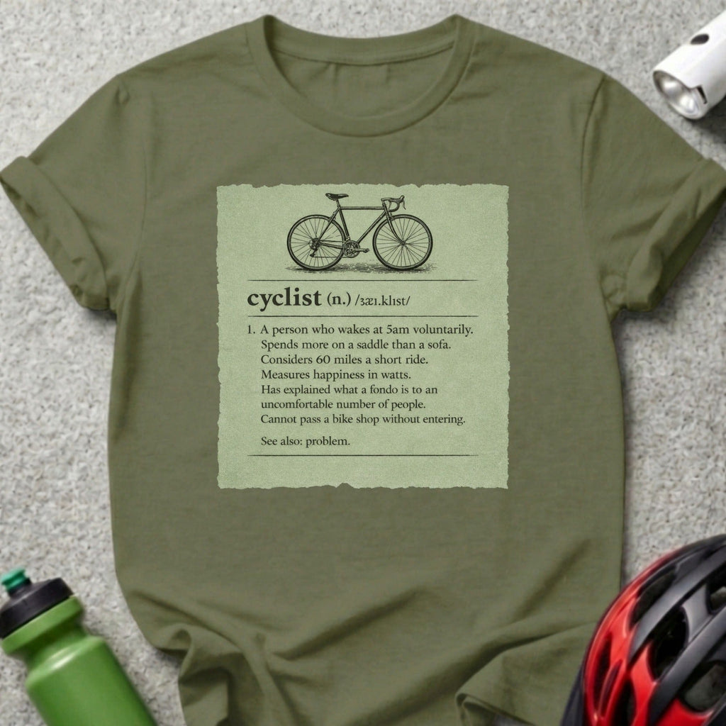 T-shirt with definition of "cyclist" including humor about cycling.