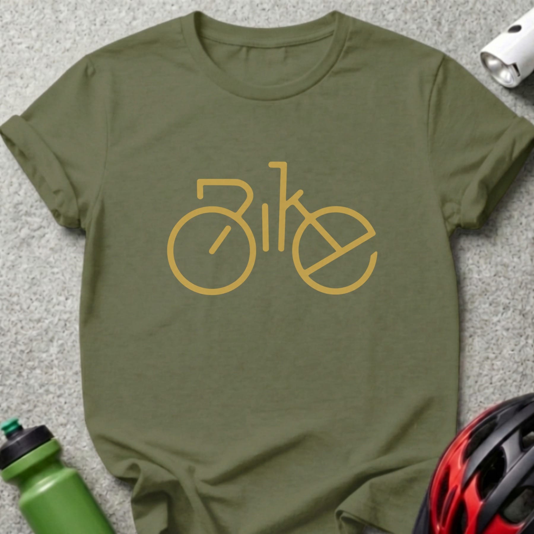 Olive t-shirt with gold outline design of the word "Bike" forming a bicycle.