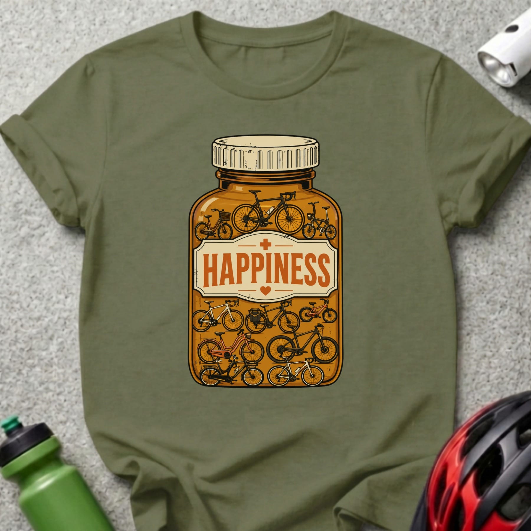Bottle of bicycles labeled "HAPPINESS" on olive green t-shirt.