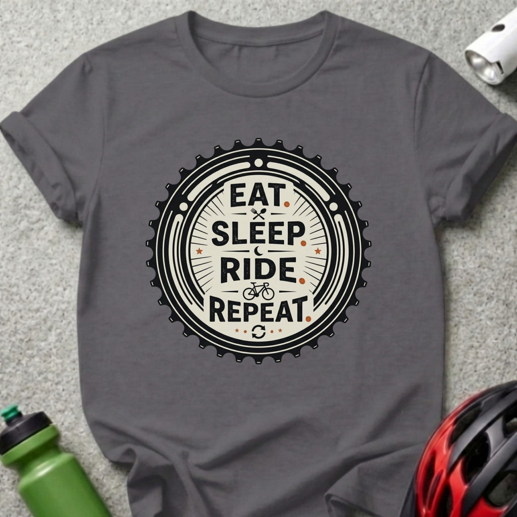 Dark grey t-shirt with "Eat Sleep Ride Repeat" circular graphic.