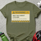 T-shirt with warning sign about talking about cycling.