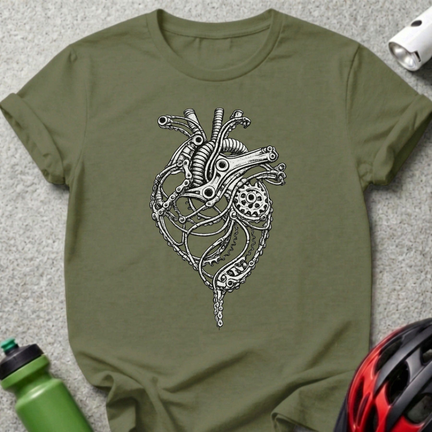 Intricate Mechanical Heart Design on Olive Green Shirt