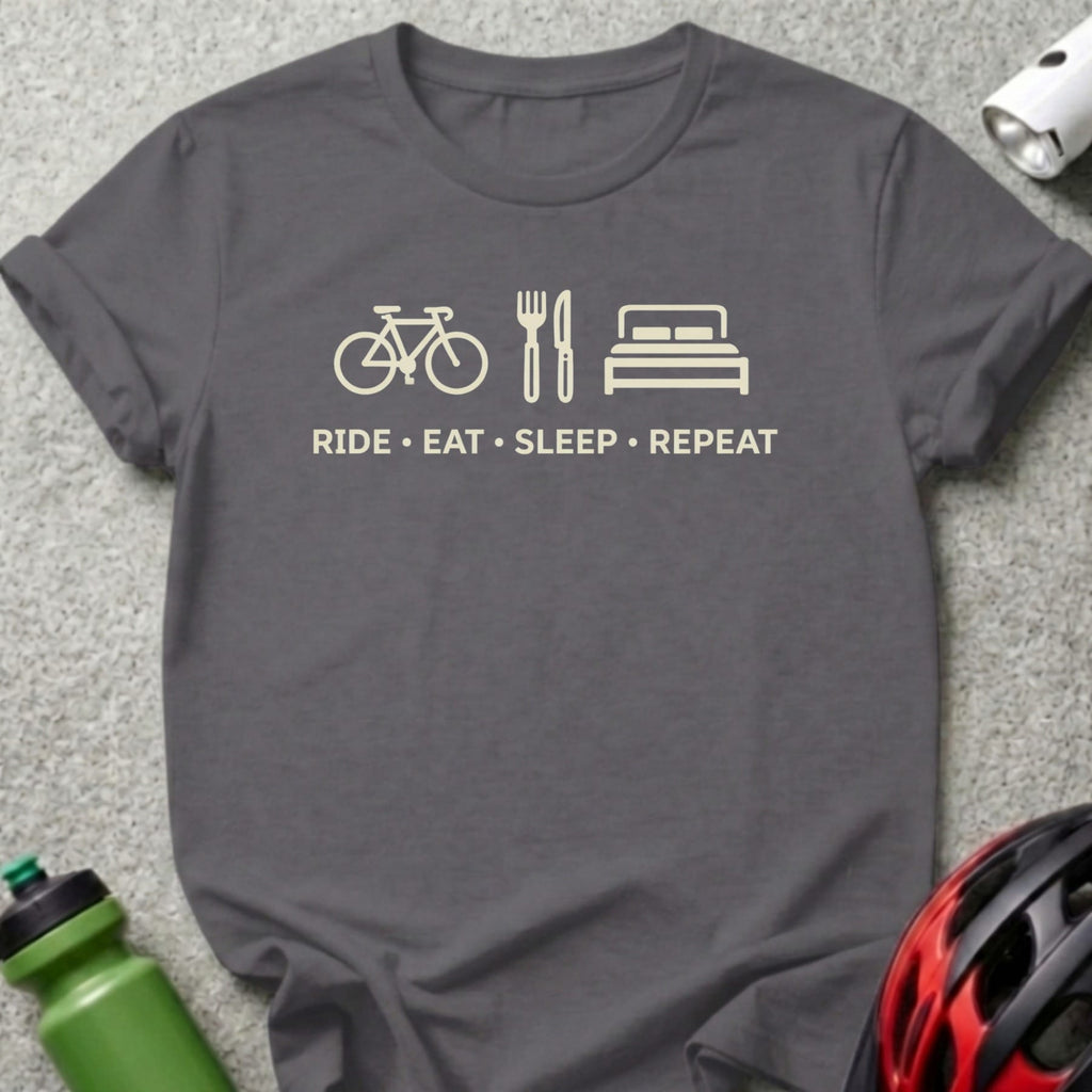 Dark grey t-shirt with white bicycle, fork and knife, and bed icons, and text RIDE EAT SLEEP REPEAT.