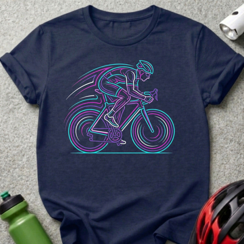 Vibrant Neon Cyclist Graphic on Navy Blue T-Shirt