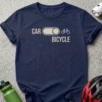 Navy t-shirt with "CAR" and "BICYCLE" text and a toggle switch icon.