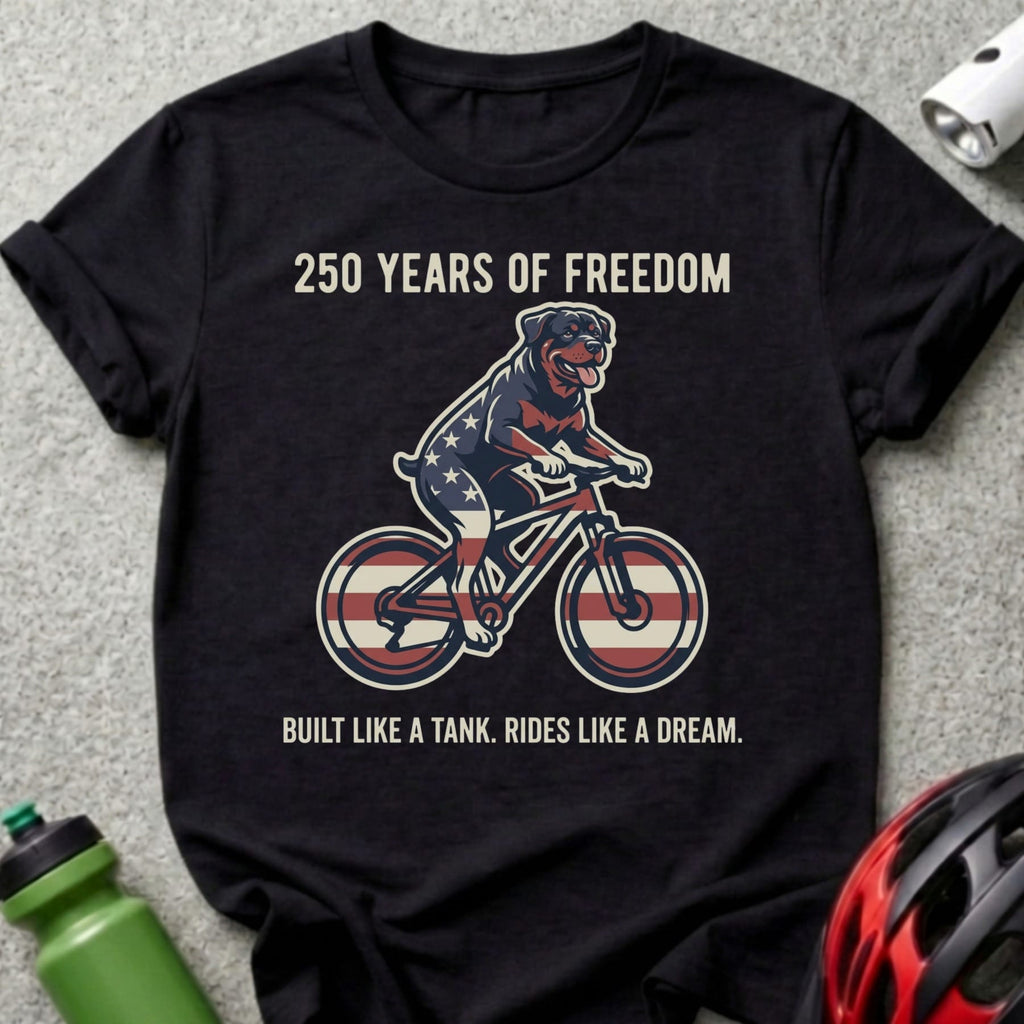 Black t-shirt with Rottweiler on bicycle, 250 Years of Freedom.