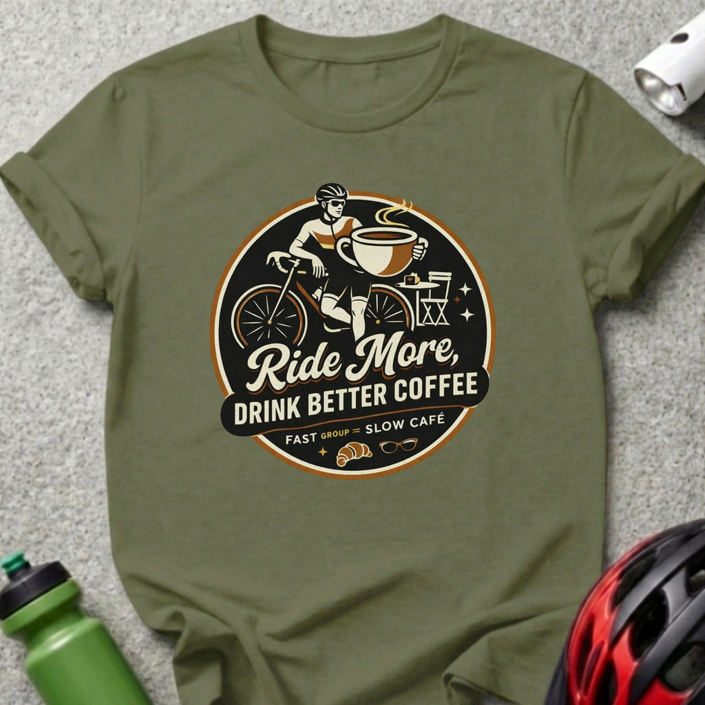 Olive t-shirt with graphic "Ride More, Drink Better Coffee".