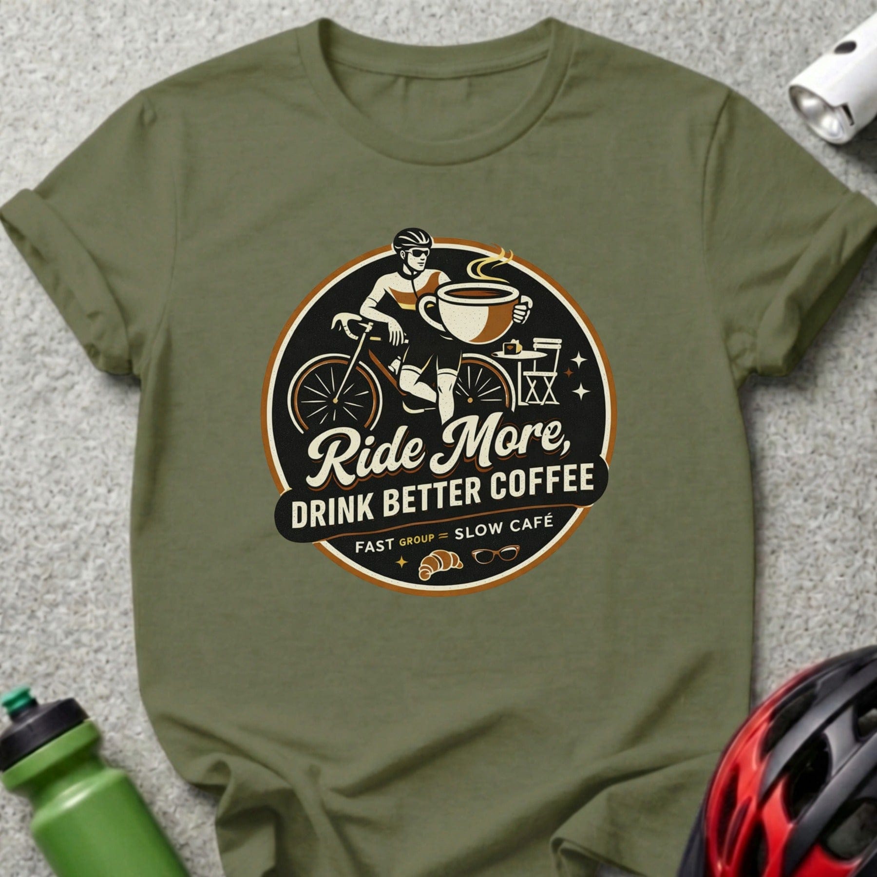 Olive t-shirt with graphic "Ride More, Drink Better Coffee".