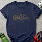 Dark blue t-shirt with graphic: bicycle, dog in ghost costume, candy bowl, and text.