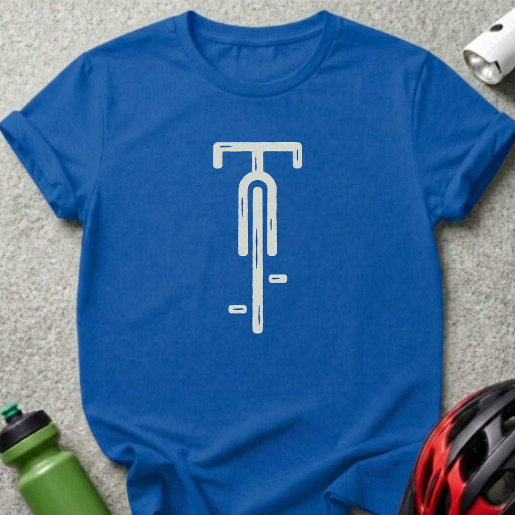 A blue t-shirt featuring a stylized white graphic of bicycle handlebars on a textured surface.