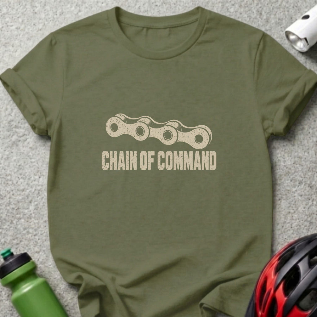 An olive green t-shirt featuring a bicycle chain graphic and the text CHAIN OF COMMAND.