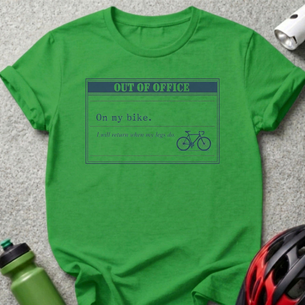 Green t-shirt with "OUT OF OFFICE" and bicycle graphic.
