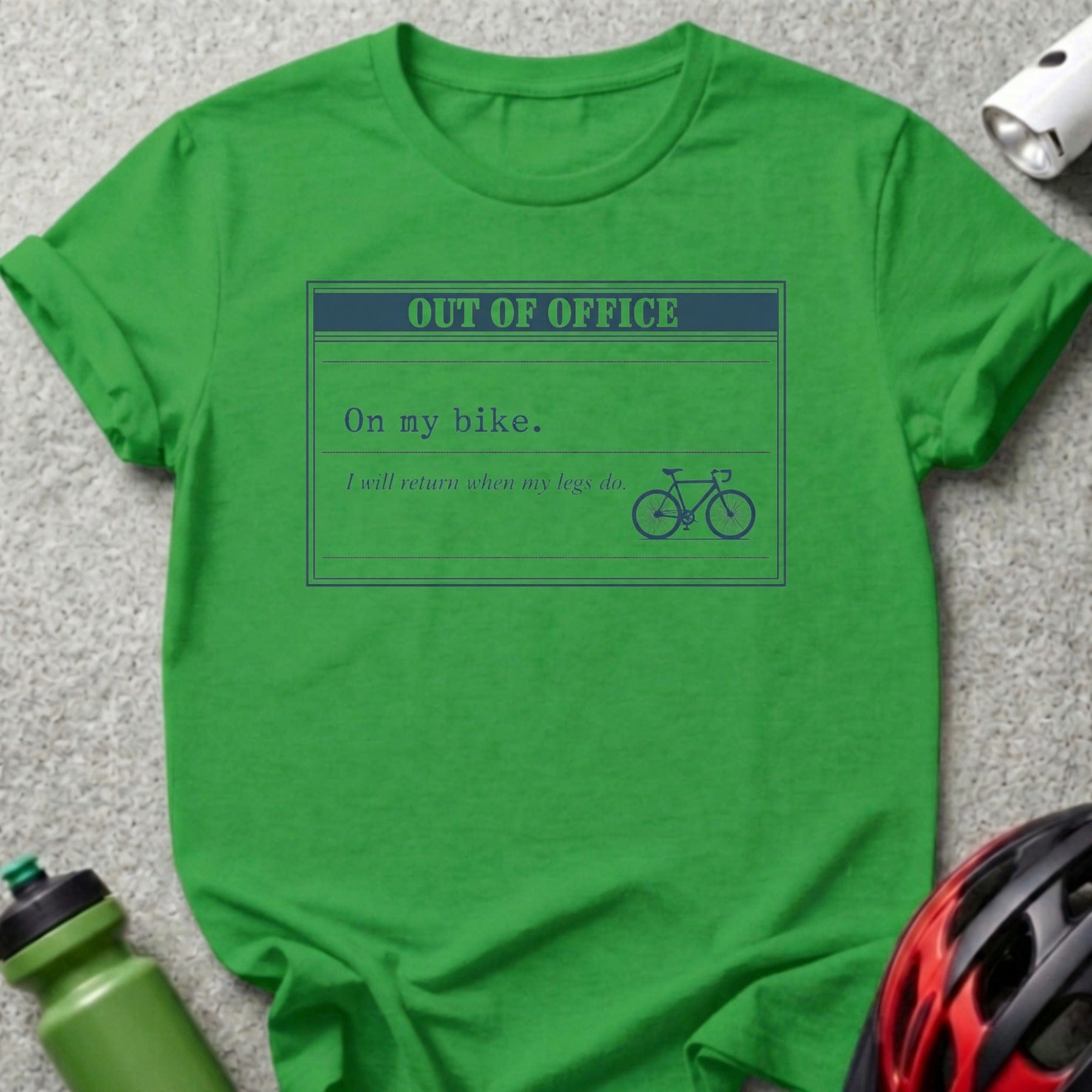 Green t-shirt with "OUT OF OFFICE" and bicycle graphic.