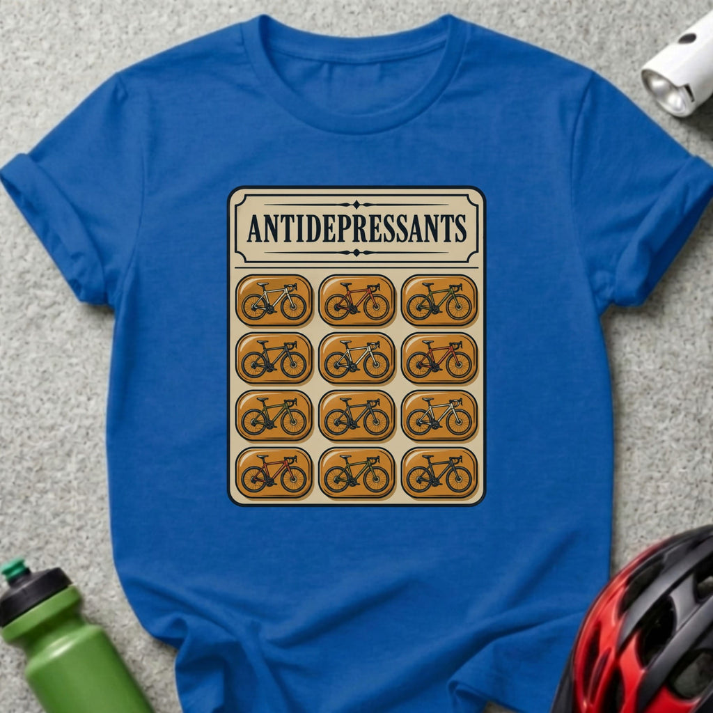 T-shirt with "ANTIDEPRESSANTS" text above a pill blister pack of bicycles.