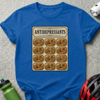 T-shirt with "ANTIDEPRESSANTS" text above a pill blister pack of bicycles.