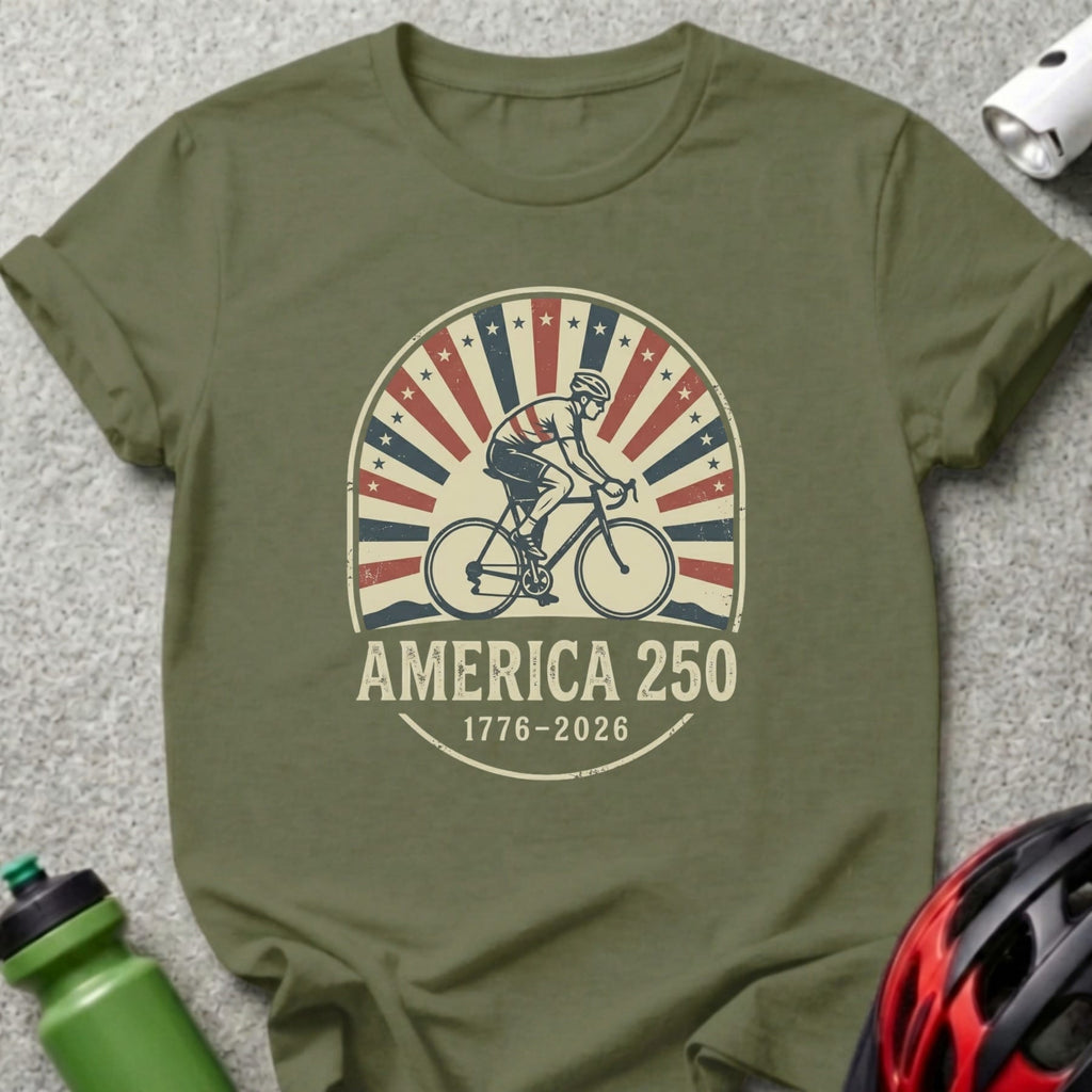 Olive green t-shirt with cyclist graphic and text "America 250"
