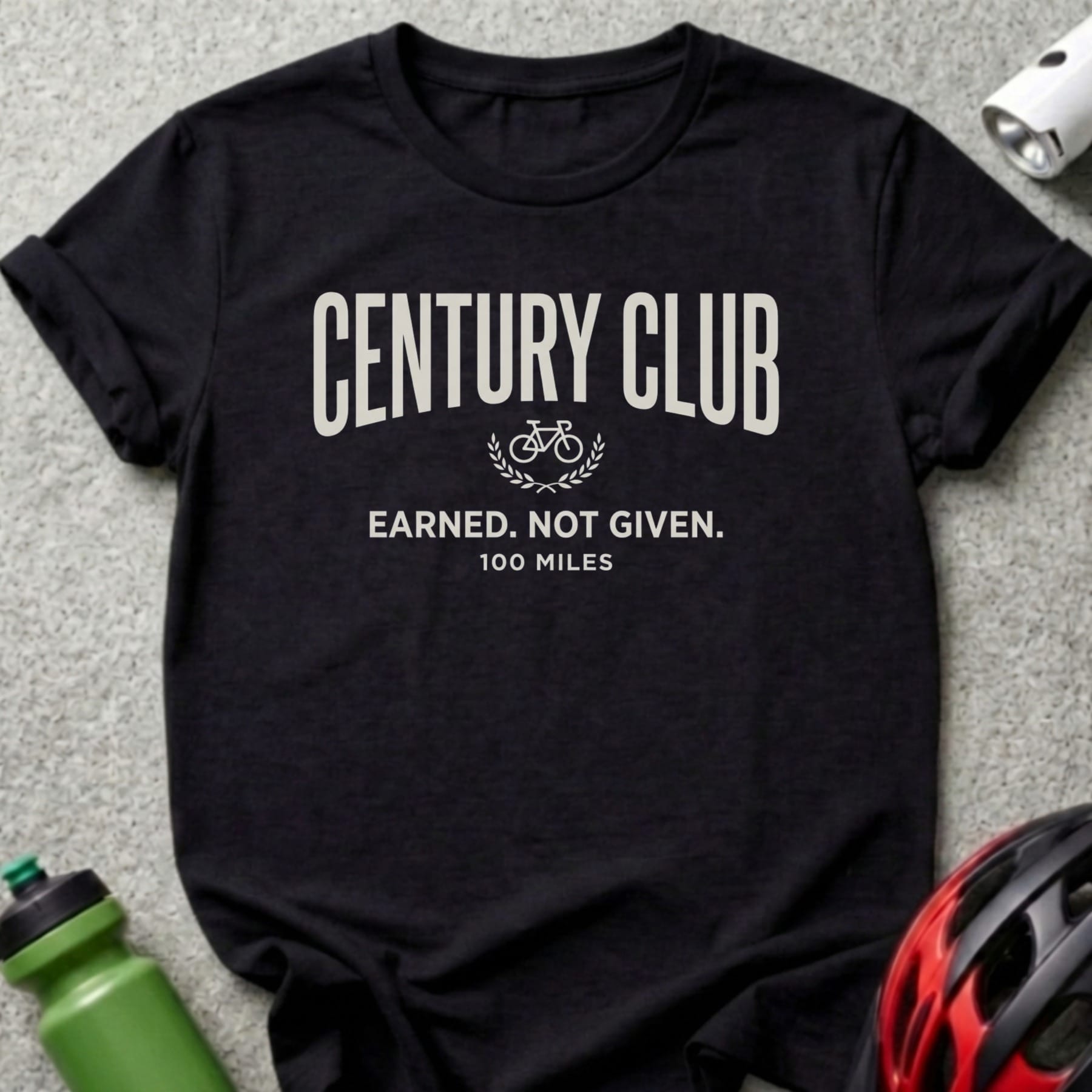 Black t-shirt with "Century Club" logo and bicycle graphic.