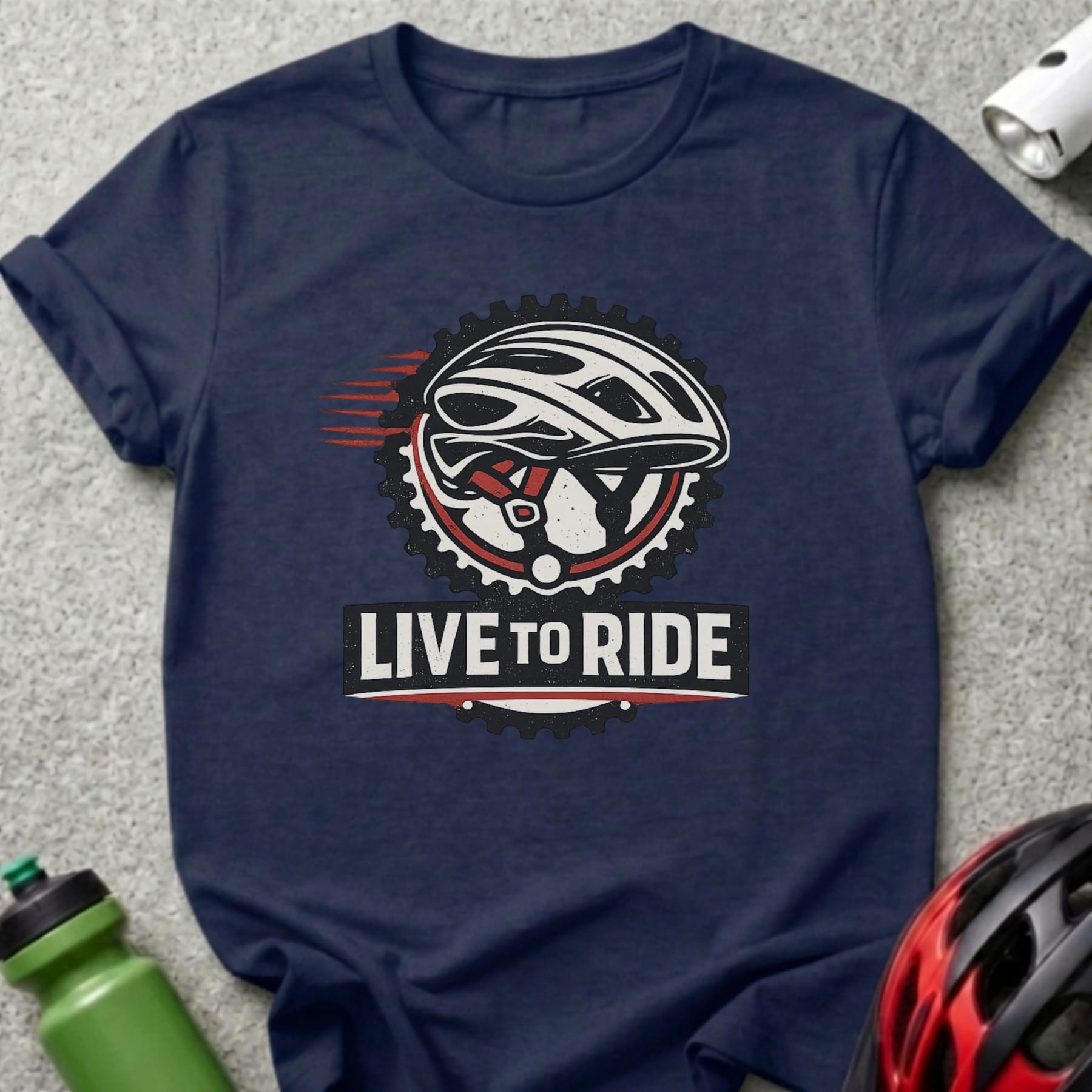 Dark blue t-shirt with "LIVE TO RIDE" text and bicycle helmet graphic.