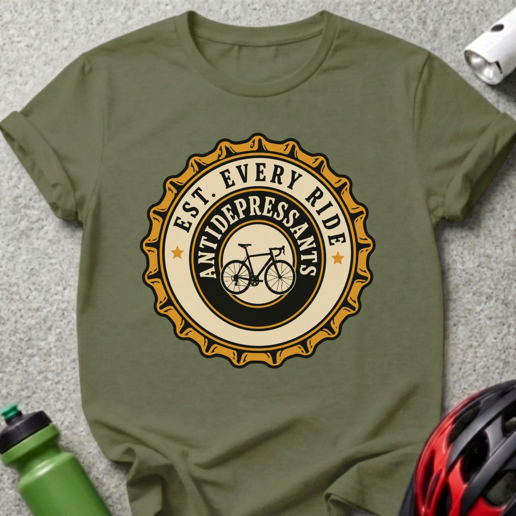 Green t-shirt with a circular design of a bicycle and "EST. EVERY RIDE ANTIDEPRESSANTS".