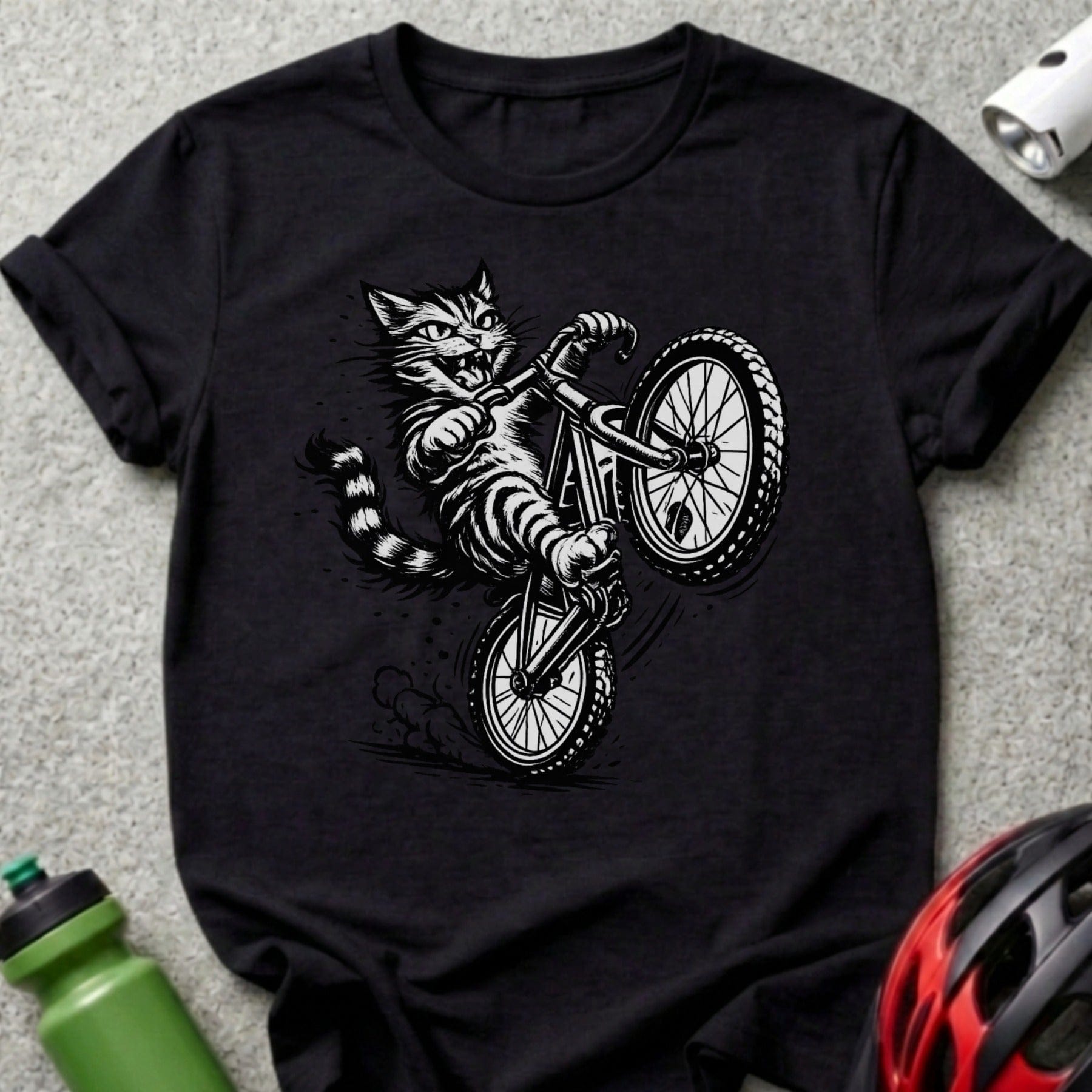 Cartoon Cat Riding Bike Graphic Tee Heavy Metal Style
