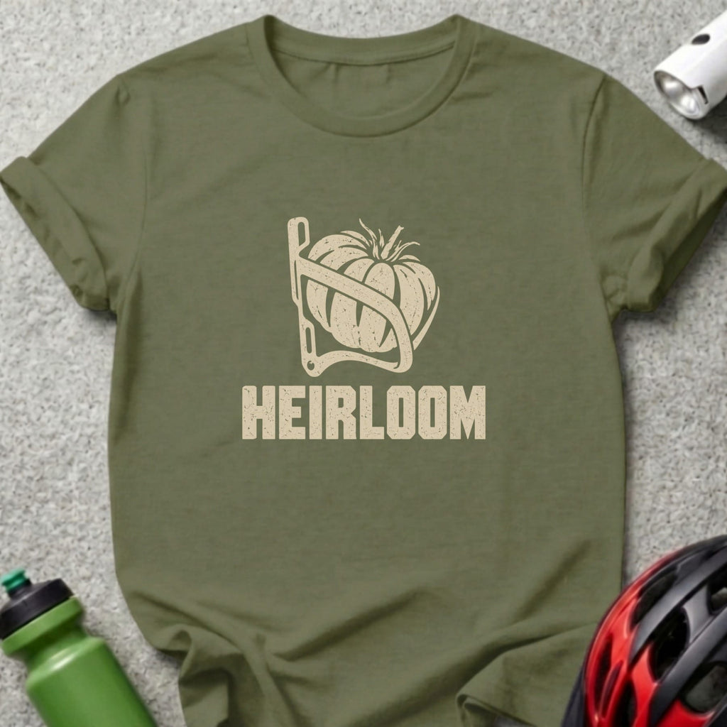 Olive green t-shirt featuring a distressed graphic of a tomato in a bicycle water bottle cage above the word heirloom.
