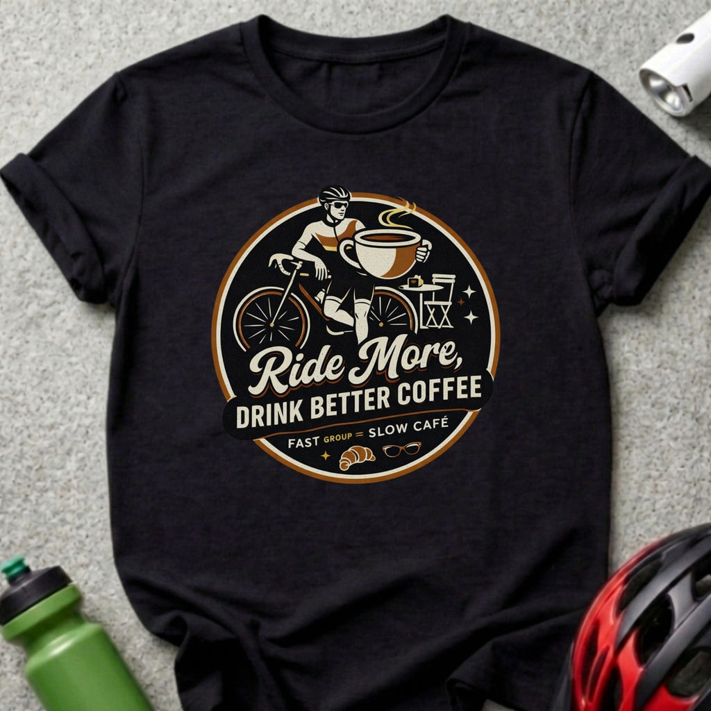 Black t-shirt with "Ride More, Drink Better Coffee" text and cyclist graphic.
