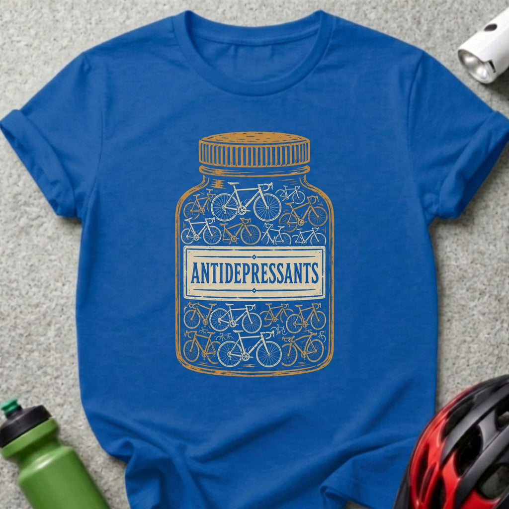 Blue t-shirt with a bottle illustration filled with bicycles, labeled "ANTIDEPRESSANTS."