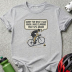 Cyclist on a bike with speech bubble saying "Sorry for what I said when I was climbing that 12% grade."