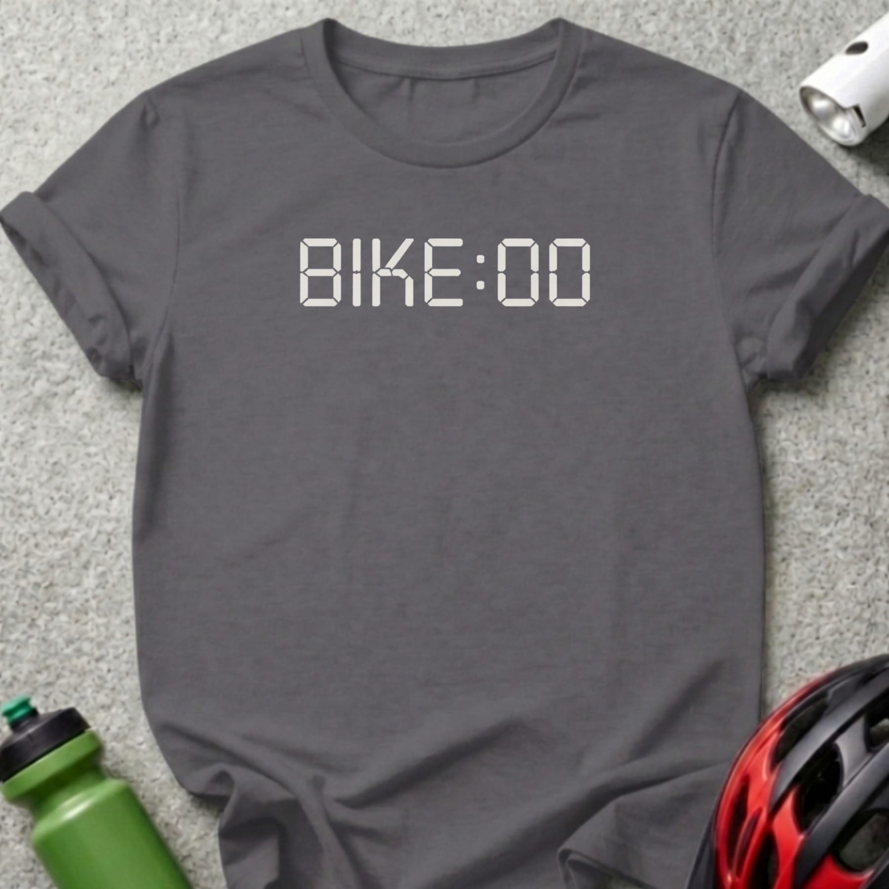 Dark grey t-shirt with "BIKE:00" in white digital font.