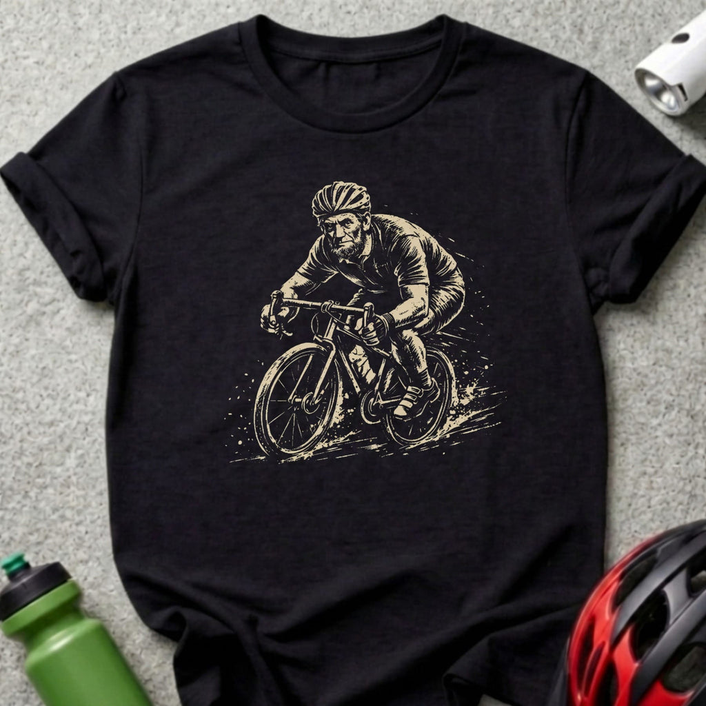 T-shirt graphic of a cyclist in motion, with a water bottle and helmet nearby.