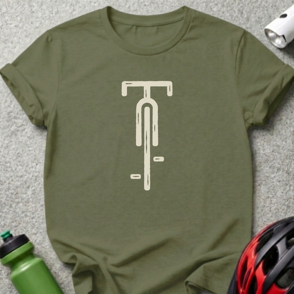 An olive green crewneck t-shirt featuring a minimalist white bicycle graphic on the chest, laid flat.