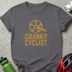 Gray t-shirt with yellow "CRANKY CYCLIST" text and bicycle crank graphic.