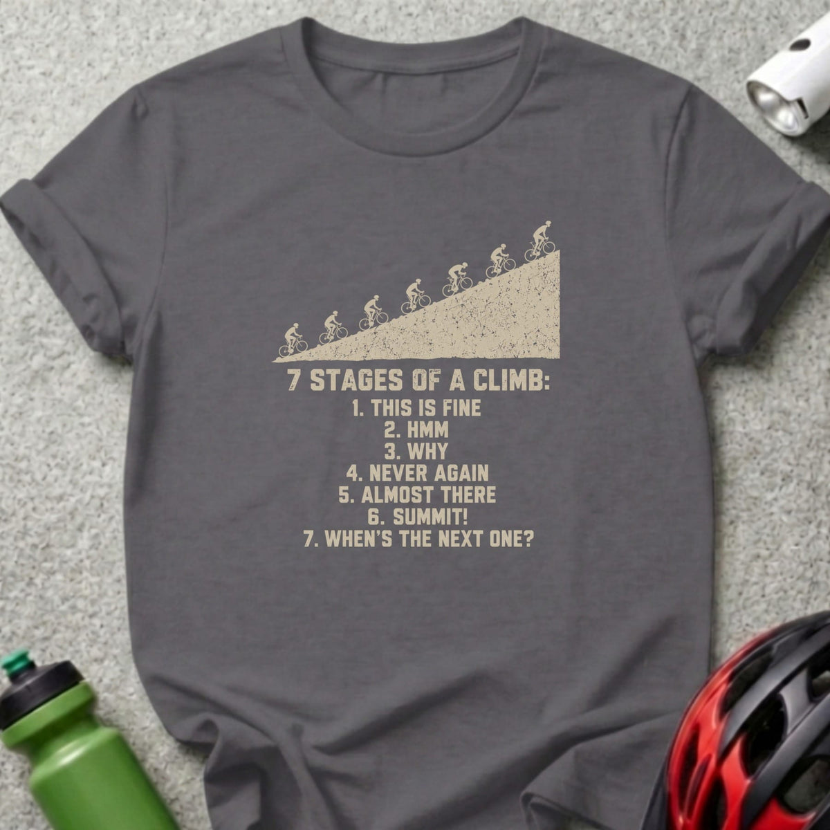 Charcoal gray t-shirt featuring a graphic about the seven stages of a cycling climb.