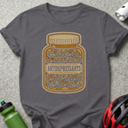 T-shirt graphic: bottle filled with bicycles, labeled "ANTIDEPRESSANTS".