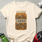 Bottle of bicycles with "Cardio" text, on a cream t-shirt.