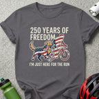 Dark gray t-shirt with "250 Years of Freedom" and a cyclist dog with American flag accents.