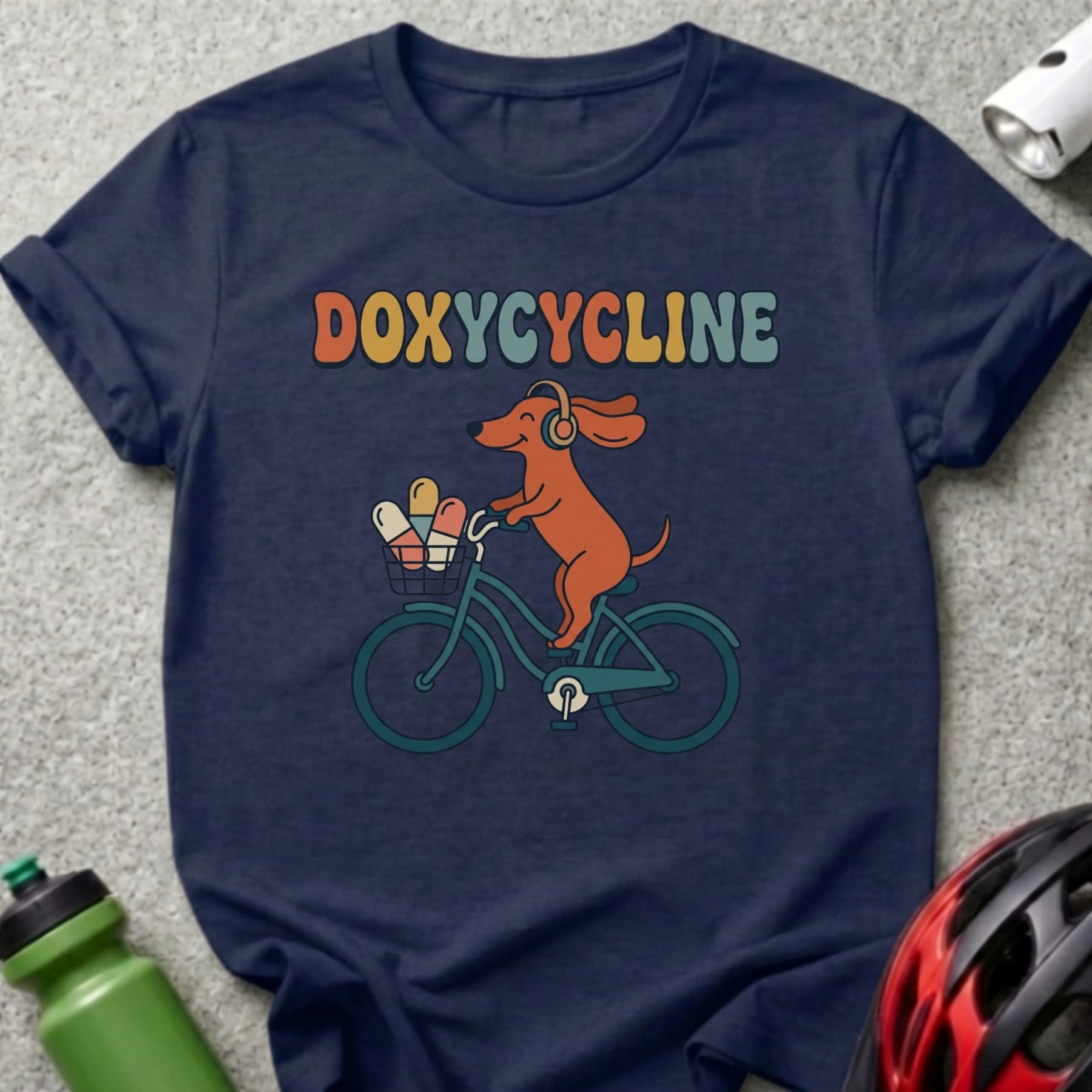 Doxycycline text above dachshund wearing headphones riding a bicycle.