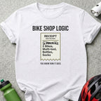 White t-shirt with "Bike Shop Logic" and a receipt for bike essentials.