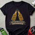 Black t-shirt with "Antidepressants Best Shared With a Riding Buddy" and bicycle graphics.