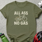 Green t-shirt with "ALL ASS NO GAS" and a bicycle graphic.