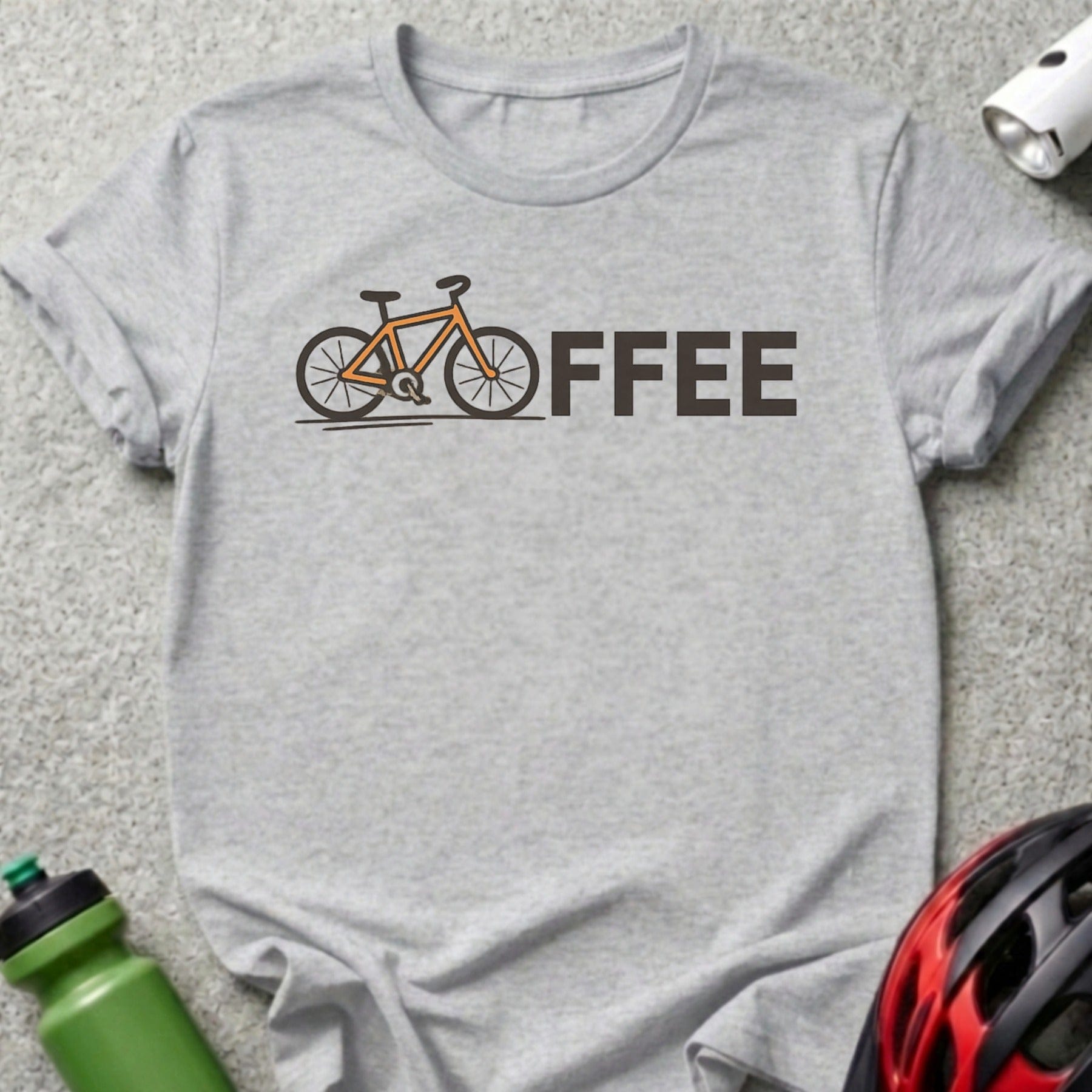 Gray t-shirt with orange bicycle graphic and "OFFEE" text.