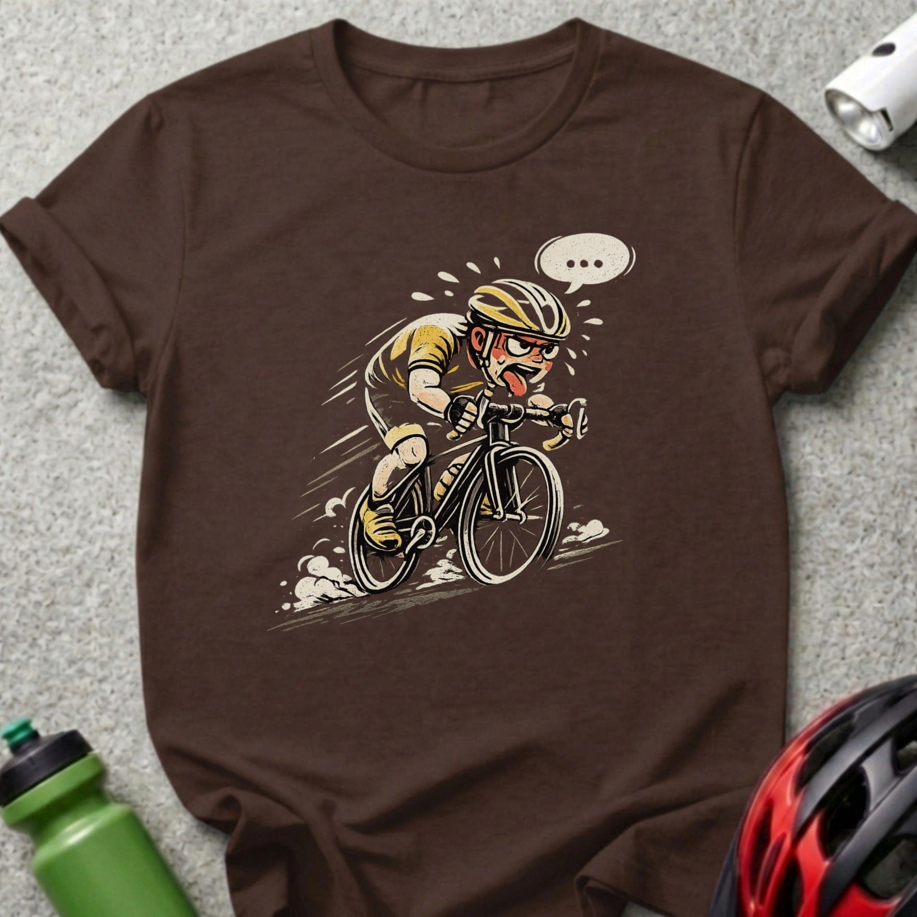 Vintage Cartoon Cyclist Graphic on Brown T-Shirt Product