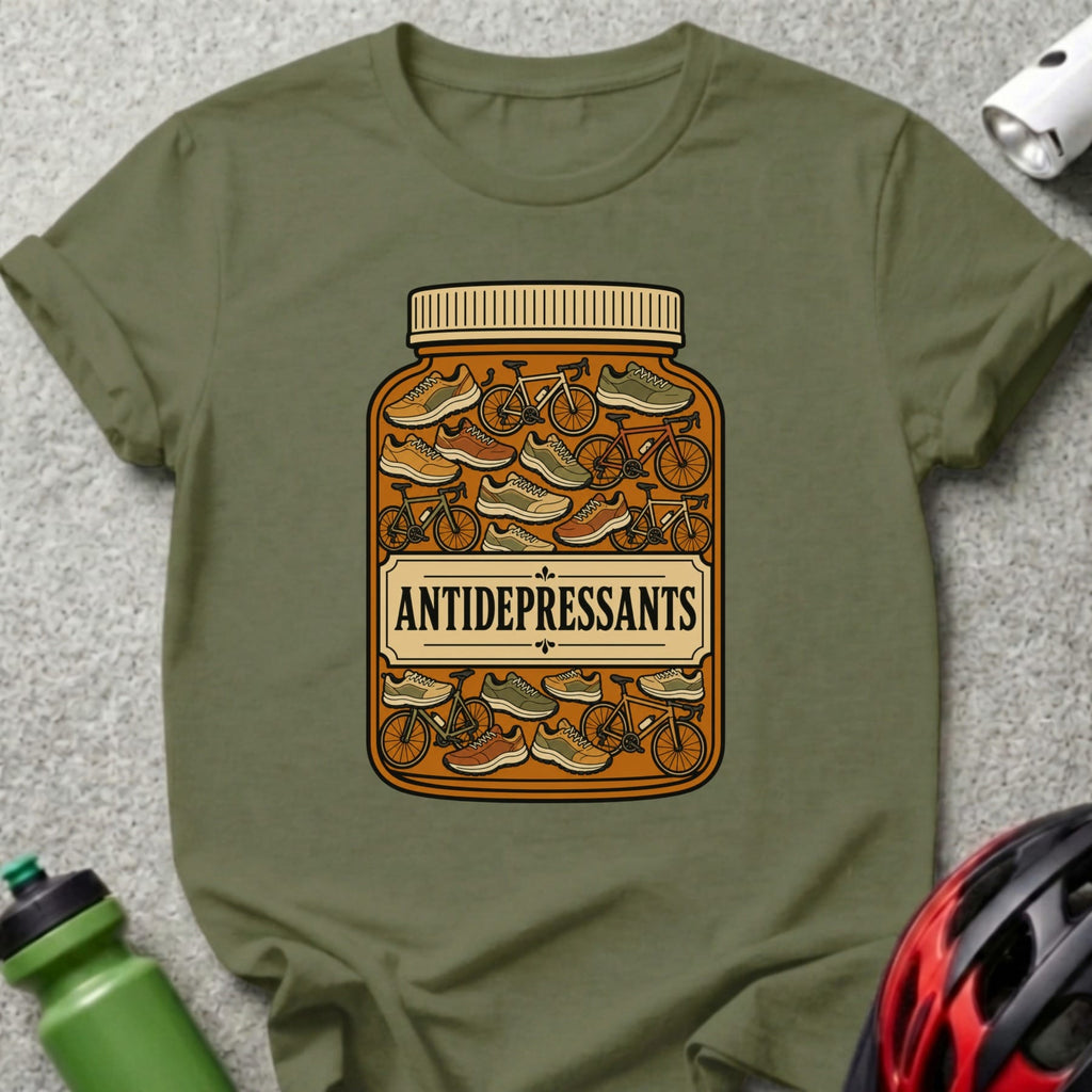 Green t-shirt with a jar of bicycles and sneakers labeled "Antidepressants".