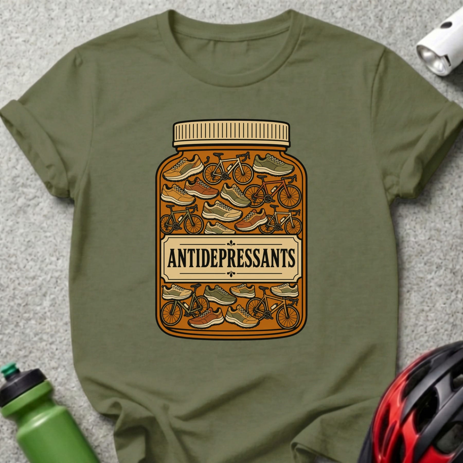 Green t-shirt with a jar of bicycles and sneakers labeled "Antidepressants".