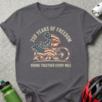 Gray t-shirt with patriotic cyclist and dog graphic and text.