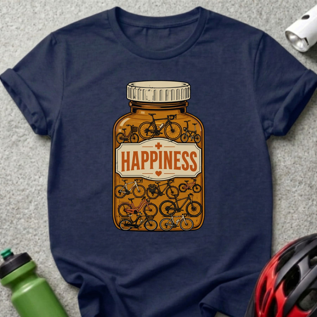T-shirt featuring a pill bottle filled with bicycles, labeled "HAPPINESS."