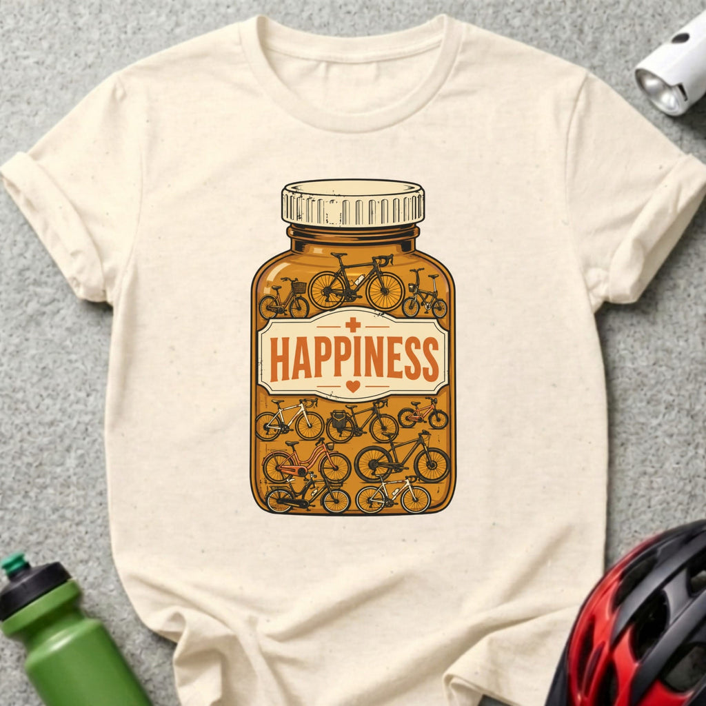 Bottle of bicycle pills labeled "Happiness" with various bike illustrations.